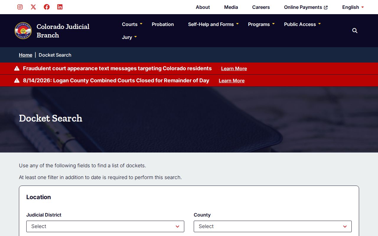 Otero County court schedule official docket search