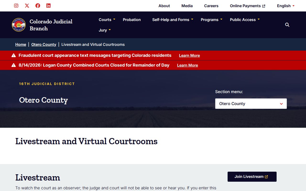 Otero County court schedule virtual courtroom directory