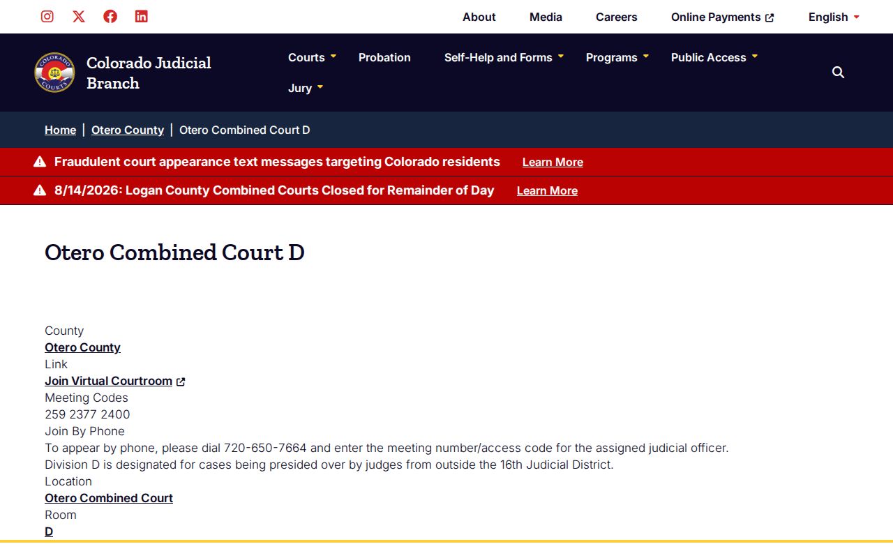 Otero County court schedule Division D Webex access