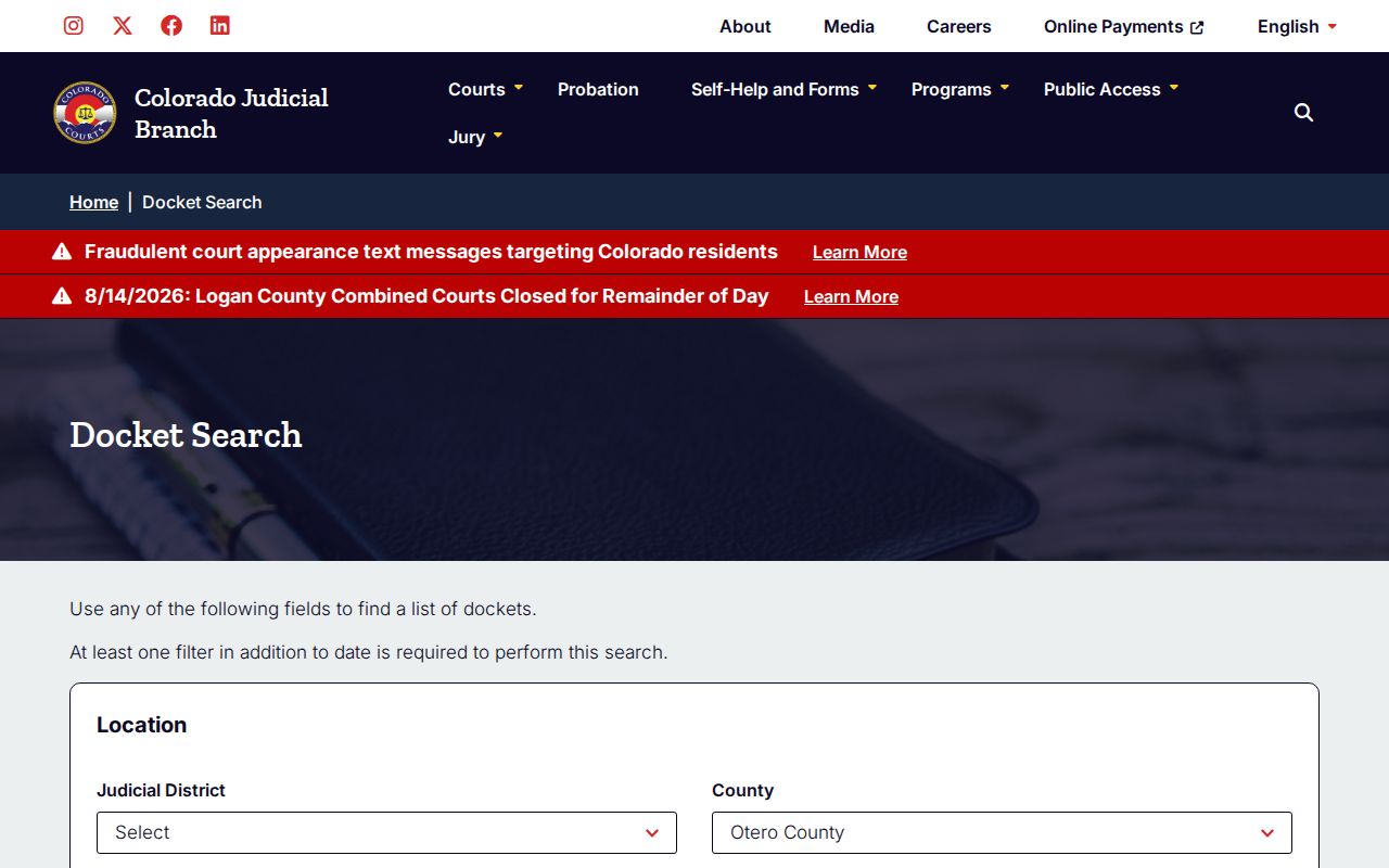 Otero County criminal court docket search filters