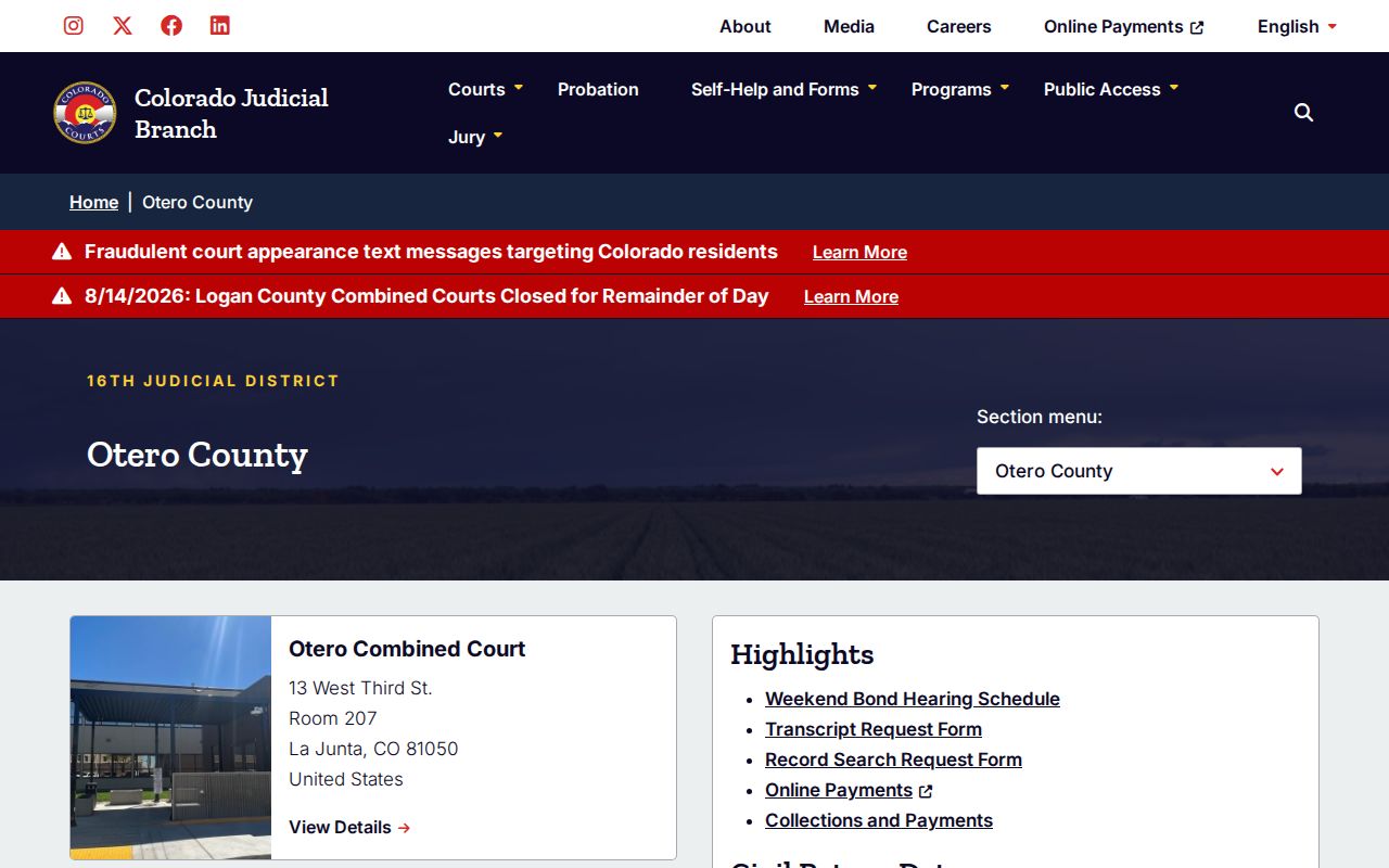 Otero County court docket and clerk service page