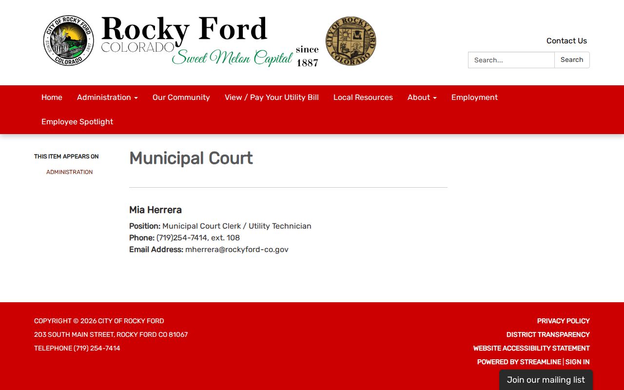 Rocky Ford court records information from the official Municipal Court page