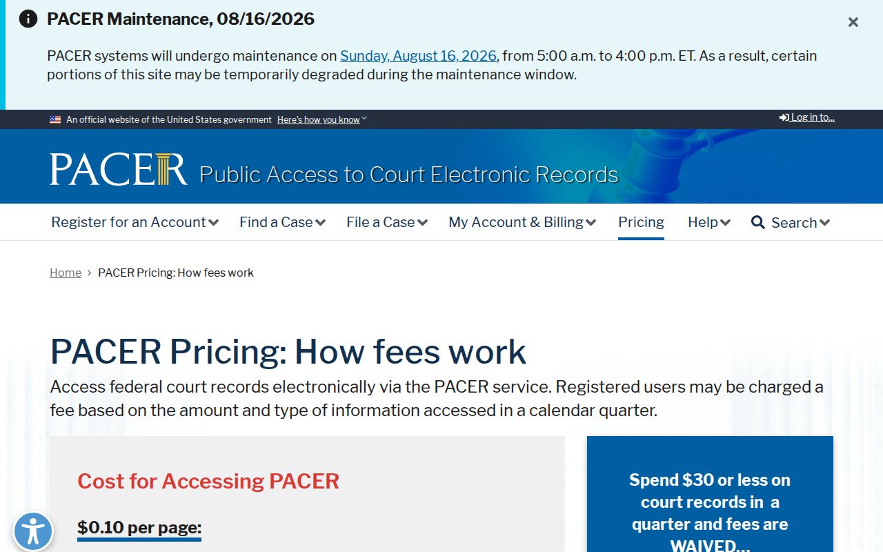 Swink court records context for separate federal PACER fees